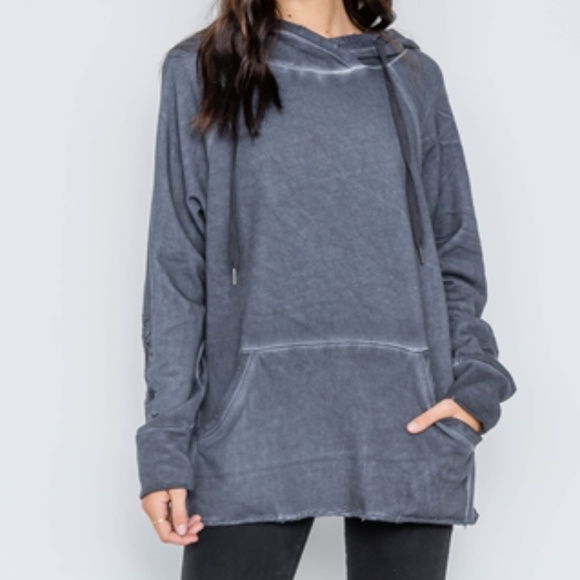 Washed Navy Embroidery Long Distressed Hoodie - Picture 2 of 8